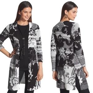Chico’s Linen Blend Black & White Floral Printed Cardigan Sweater